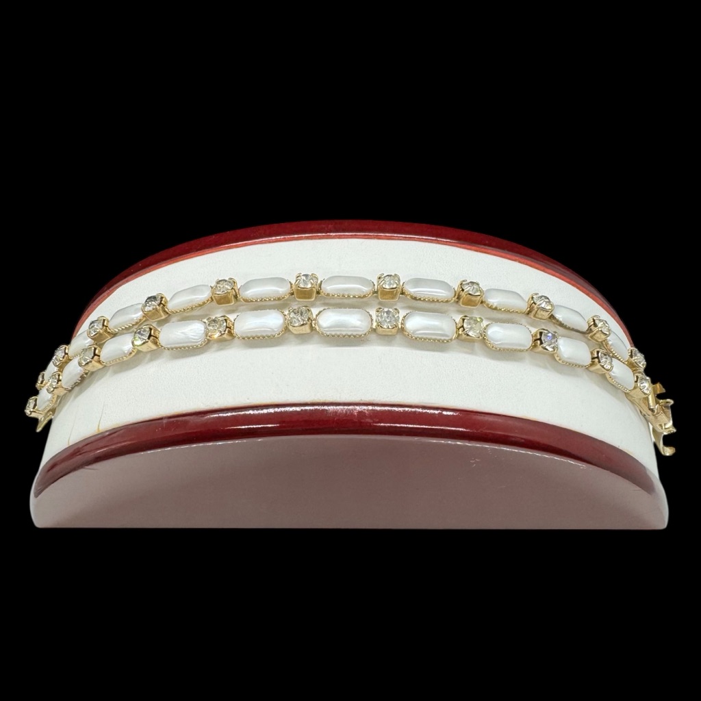 Vintage Signed Leru Pearlized Cab & Rhinestone Bracelet